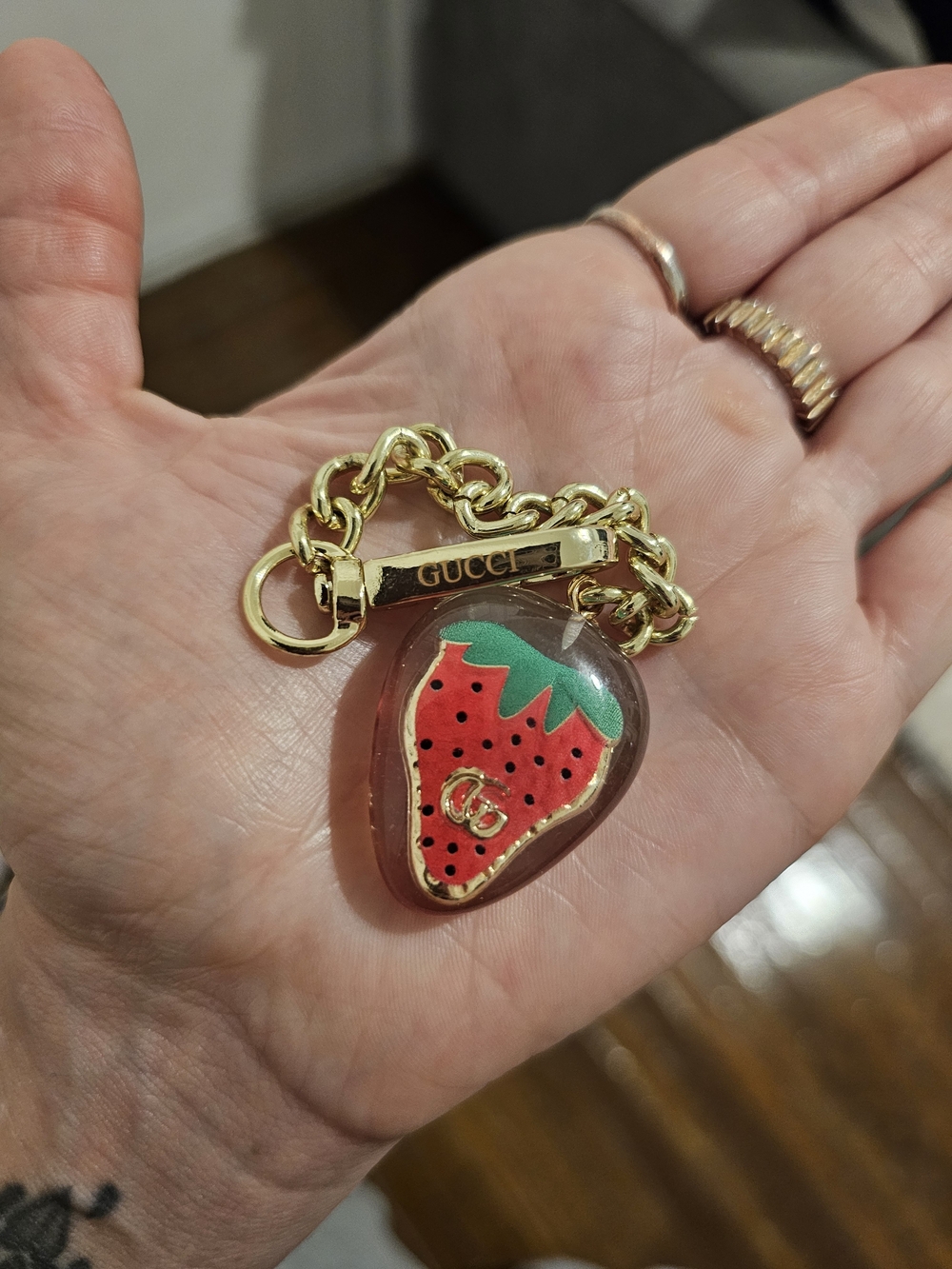 Gucci Gold-Tone Strawberry Brooch Charm with Red and Green Enamel